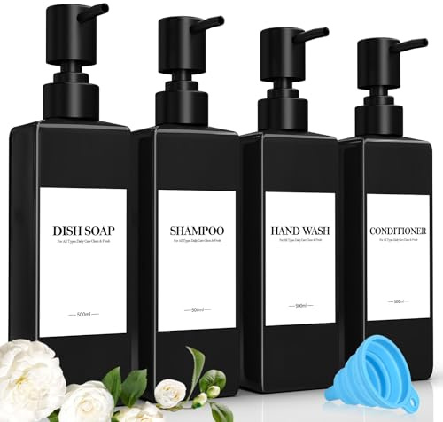 Juego de 4 Negro Dispensador Jabon BañO, 500ml Dosificador Jabon BañO, Dispensador Gel y Champu Ducha, con Embudo y Etiqueta Impermeable, Adecuado para Cocina, BañO y Aseo