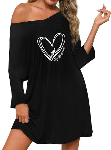 Uniexcosm Camisones Mujer Verano Algodón Camisón de Mujer Tallas Grandes Estampado Manga 3/4 Súper Suave Ropa de Dormir Negro-1 L