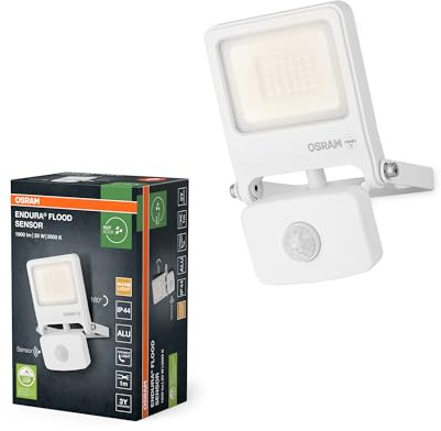 OSRAM ENDURA FLOOD PC 20W LED-strålkastare med sensor, 3000K varmvit, 1800 lumen, IP44-strålkastare med IR-detektor, dagsljusavstängning, vit