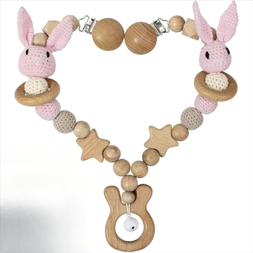 Ueiwffzo Kinderwagen aus Holz Baby Mobiles Kette für Babys, Kinderwagenkette Kinderwagen Zubehör Babys Spielzeug für Junge Mädchen (Rosa)