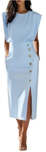 FUPODD Etuikleid Damen Elegant Für Hochzeit Lang Cocktailkleid Business Kleid Hochzeitsgast Midi Mit Schlitz Abendkleid Festliche Kleider Knöpfe Midikleid Frauen Mit Taschen Sommerkleid Elegante