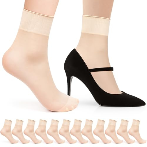 Kiiwah 12 Paires Socquettes Nylon Transparentes 20DEN, Chaussettes Collants Mi Bas Nylon Fines Sans Coutures Chaussettes de Cheville pour Femme (Chair)