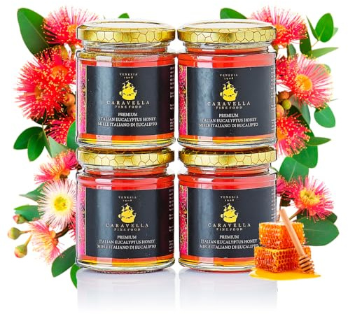 4x Eukalyptushonig 250g Caravella Fine Food| Rein Italienische kräftige balsamische holzige Noten| Natürliche Antioxidantien Enzyme Beruhigend Reinigend| Ideal für Tee Wellness Hustenn Haut Entgiftung