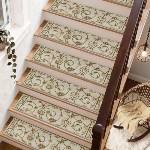 COSY HOMEER European Classical style Carpet Stair Treads for Wooden Steps, Nonslip Self-Adhesive Carpet Stair Pads, Washable Reusable Carpet Runners for Indoor Staircases Decor, 76 x 20 cm, 15 pcs
