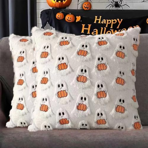 2 Stuck Halloween Kissenbezug 45x45 cm, Geister Weicher Plüsch Kissenhülle,Zierkissenbezug für Halloween Deko, Geister-Kissenbezug, Geeignet für halloween, Thanksgiving, Erntedankfest, Sofa, Stuhl