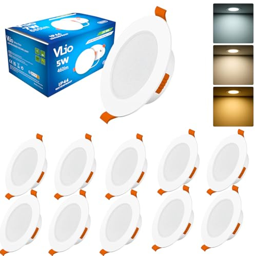 Vlio LED Downlights for Ceiling Dimmable, 5W Recessed Ceiling Lights, Warm White Natural White Cool White Adjustable, 75mm Cut Out, IP44 LED Spot Lights for Bathroom, 10 Pack