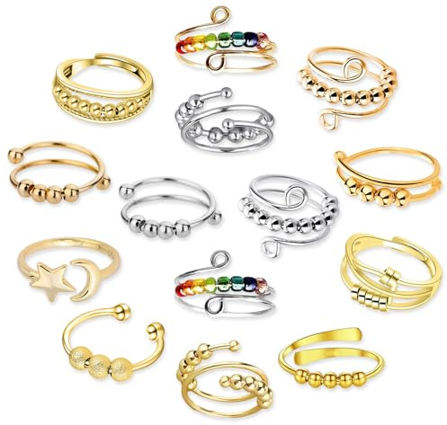 MLPKOI 14 Pcs Anelli Antistress Donna Regolabile Anello Antistress, Regolabile Impilabili Girevole, Anello Regolabiles, Vari Stili, con Perline, Set Anelli Ansia Spinner Fidget, per Donna Uomo Regalo