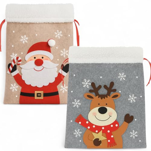 MIJOMA 2er-Set Geschenktüten Weihnachten aus Filz mit Kordelzug – Geschenkbeutel mit Schneeflocken & Plüschrand – XMAS Beutel Stofftasche (Santa & Rentier)