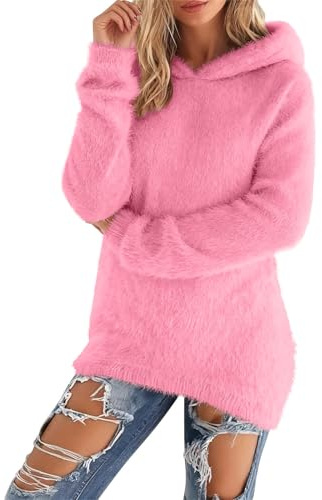 Cexiakong Jersey para mujer, para el tiempo libre, de forro polar, mullido, de invierno, monocolor, sudadera con capucha de peluche, informal, suelto, de felpa, de manga larga, suave y cálida, O rosa