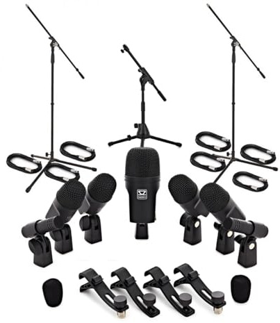 SubZero Complete 7 Piece Drum Microphone Pack with Stands & Cables | All-in-one drum recording solution, seven mics for full coverage, great for venues and studios, clamps/stands/case included