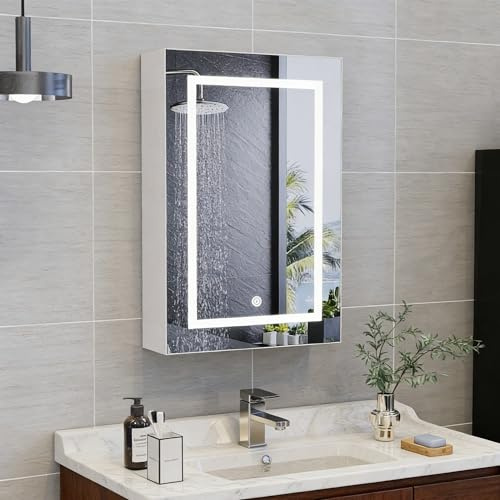 Aneutr Spegelskåp, badrum med LED-belysning, badrumsskåp med LED-spegel, hylla och dörr, väggskåp, hängande badrumsskåp, 3 färger, dimbar, modern vit (enkeldörr 50 x 15 x 70 cm)