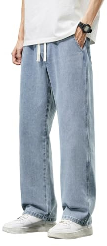 Zewool Pantalones vaqueros para hombre con cintura elástica y cordón, piernas holgadas rectas, denim ligero extremadamente suelto, B9 azul, XXL