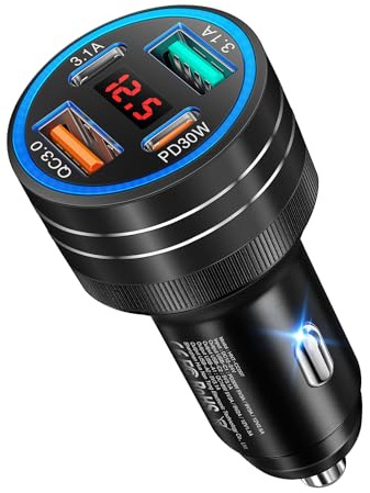 Zigarettenanzünder USB C, 4-Port 65W Auto Ladegerät 12V KfZ Zubehör | Adapter mit LED Voltmeter PD/QC 3.0 Schnelllade Zigarettenanzünder Car Charger für iPhone 16 15 14 13 12 11 Pro Max,Samsung