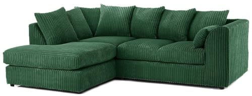 MM Living Jumbo Cord Corner Sofa, Left Hand Facing L Shape Fabric Corner Couch with Chaise, Deep Filled Cushions & Sturdy Wooden Frame for Living Room (Green)