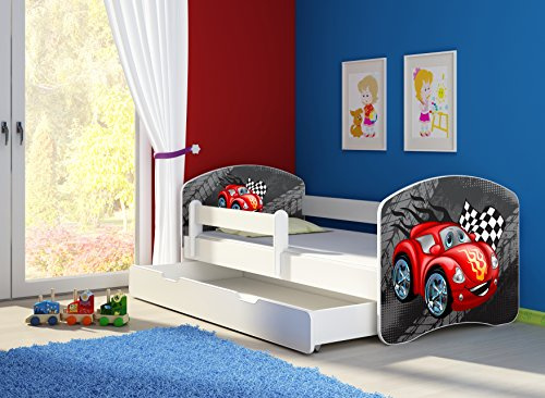 CLAMARO 'Fantasia Weiß' 140 x 70 Kinderbett Set inkl. Matratze, Lattenrost und mit Bettkasten Schublade, mit verstellbarem Rausfallschutz und Kantenschutzleisten, Design: 05 Rennwagen Rot