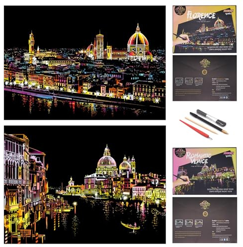 SiYear Scratch Paper Rainbow Painting Sketch, City Series Night Scene,Scratch Painting Creative Gift,Scratchboard for Adult and Kids with 4 Tools