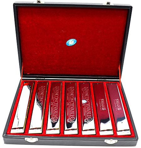 swan 24-hole polyphonic harmonica 7 sets silver C D E F G A B professional performance set for Adults Beginners Students Kids, Perfect Interest Gift