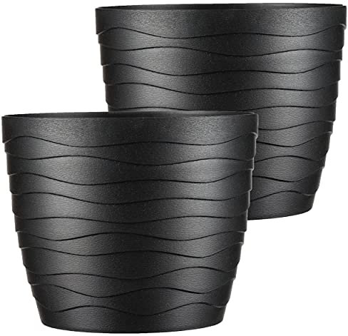 Tymar Blumentopf, 2er-Pack, runde Form, Pflanzgefäß, Pflanzkübel für Innen, Pflanztopf aus Kunststoff, Leichter, Doppelpack,mit 3D-Wellendesign (11 cm, Schwarz)