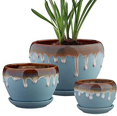 ETGLCOZY Keramik-Übertopf mit Ablaufloch und Untersetzer, 17 cm, 13 cm, 10 cm, rund, modern, Blumentöpfe für Zimmerpflanzen, 3er-Set (blau)