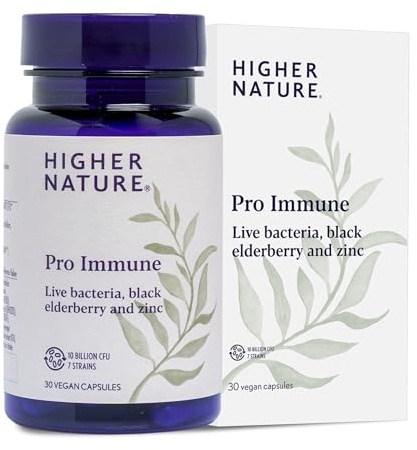 Higher Nature - Pro Immune - Triple Action Immune Support Probiotic - Live Bacteria, Black Elderberry and Zinc - 7 Bacteria Strains - 10 Billion CFUs - Vegan Probiotics - 30 Capsules