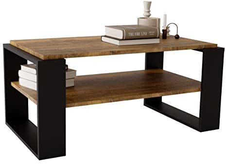 Couchtisch KAJA 96 rechteckiger Kaffeetisch aus Holz Modern Teetisch 96 x 54 x 42cm massiv und stabil (Halifax Eiche/Schwarz), (KJ96)
