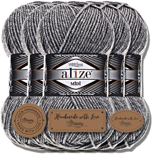 Hobby YARN 3x Etikettenlabel mit Alize Superlana Midi Wolle Premium 5x100g als Set, Yarn, Garn, Strickgarn, Einfarbig, Baby, zum Häkeln, Stricken, Kleidung, Schals (Grey Melange | 21)