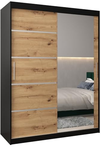 MEBLE KRYSPOL Kleiderschrank mit Spiegel Verona 2 - Garderobenschrank - Schrank Schlafzimmer - Mehrzweckschrank Zwei Schiebetüren - Regalen - Flur Möbel - Kleiderstange Schrank - Allzweckschrank