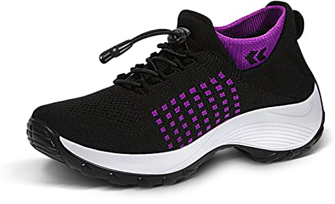 STUNAHOME Baskets à enfiler pour femme - Fond épais confortable - Maille respirante - Baskets décontractées pour femme, noir/violet, 42 EU