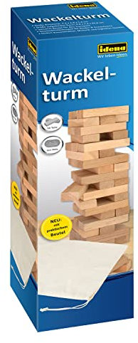 Idena 40087 - Juego de Torre de Madera, Juego de Habilidad con 54 Bloques de construcción y Bolsa de Almacenamiento, Aprox. 8 x 8 x 26 cm Torre apilable Grande