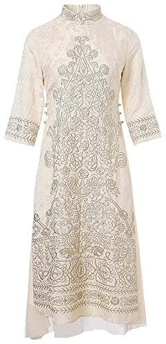 CHONG FENG XIA Cheongsam abito retrò primavera e autunno canapa vento etnico tangfu servizio da tè quotidiano vento cinese, beige., L
