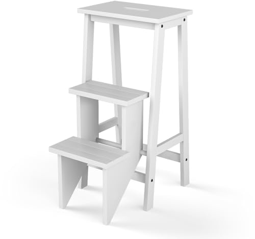 DORTALA 3 Tier Folding Step Stool, Rubber Wood Multifunctional Ladder Chair Bench, Portable Utility Seat, Flower Rack, 200 Lbs Capacity, Ideal for Library, Home (White)