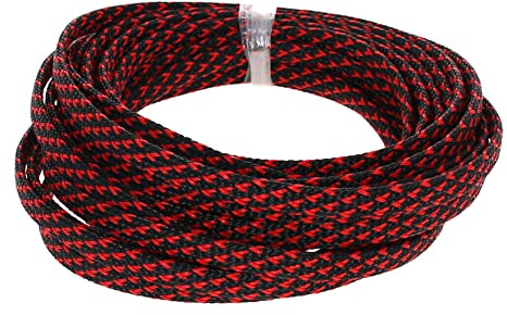 MOCNT 10mm Gaine Câble Tressée Extensible PET Manchon de Câble Fil Rangement Câble PET Cache Câble Souple Électriques Gestion Câble Flexible Protection Tube Tuyau Noir Rouge 5 Mètres
