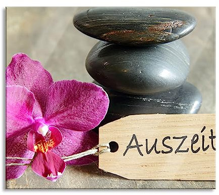 Auszeit Orchidee mit Zen Steinen Herdabdeckplatte & Spritzschutz aus Echtglas | Für Herd-Kochfelder | 60x52 cm