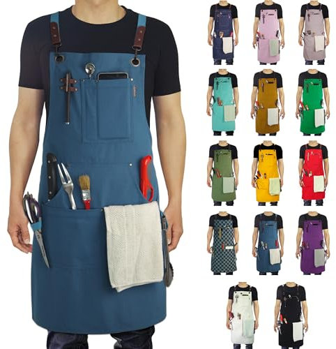 Stenffy Kitchen Apron, Work Apron, Multiple Pockets for Gardening, Artist, Painting, BBQ, Carpenter, Sizes M to XXL, Blue