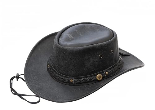 Wombat The Wilds Crushable Black Cow Hide Distressed Leather Hat Chin Strap Mens Womens Australian Style Bush Hats Cowboy - Medium