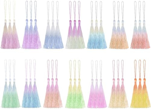 42 Stück Farbverlauf Quasten, Basicon Mini Quasten Seidig Weiche Bunte Quasten 14 Farben Handgefertigtes Quasten für Schmuckherstellung DIY Bastelzubehör Lesezeichen Wohnkultur, 3 Stück pro Farbe