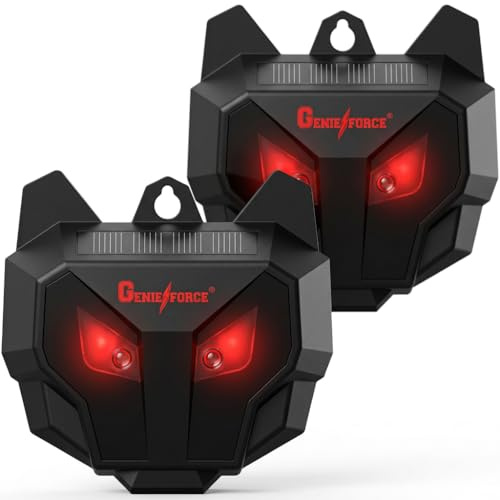 2 x Genieforce® Solar Tiervertreiber Nacht Tierabschreckung mit roten LED-Lichtern gegen Wildtier, Raubtier, Marder, Fuchs, Waschbär, usw. solarbetrieben für Gartenhof, Bauernhof, Hühnerstall GF-GC-03