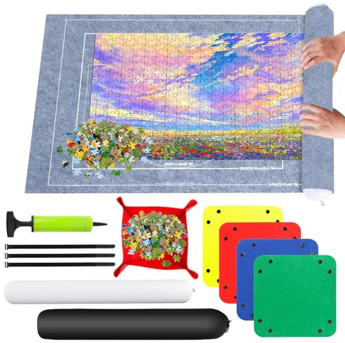RISVOWO Puzzlematte, Puzzle Roll Storage Mat für Bis 1500 2000 3000 Puzzle, Tragbare Puzzle Rollenmatte mit Puzzle-Sortierschale, Puzzleunterlage für Puzzle Auf 80 * 120 cm Aufbewahrung(Grau)