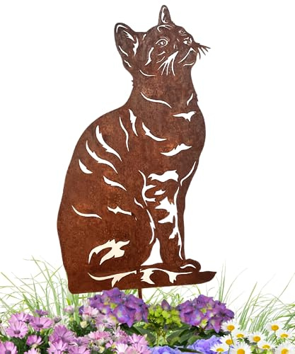 Terma Stahldesign Katzen Gartenstecker, Klassische Hauskatze mit Streifen | Rostfigur, Made in Germany