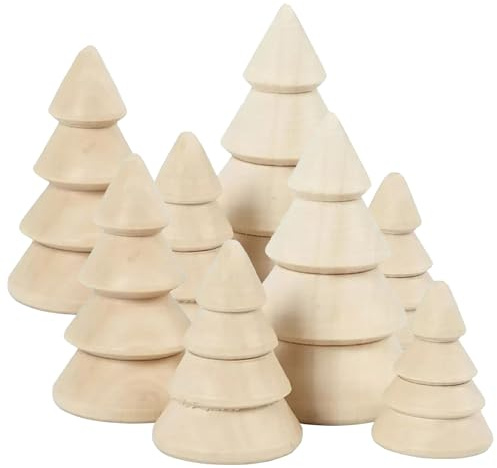 CREATIV DISCOUNT Deko Weihnachtsbäume aus Naturholz, je 2 Stück in 4 Größen, tolle Weihnachtsdekoration, 8 Holzbäumchen zum Basteln, Bemalen, etc.