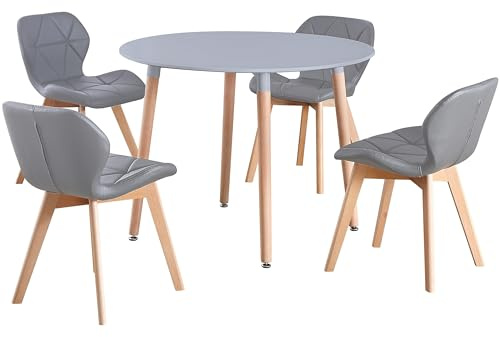 Charles Jacobs Circular 4 Seat Round Dinner Table and Chair Scandi Kitchen Dining Room Set - Grey Table & Grey PU Chairs