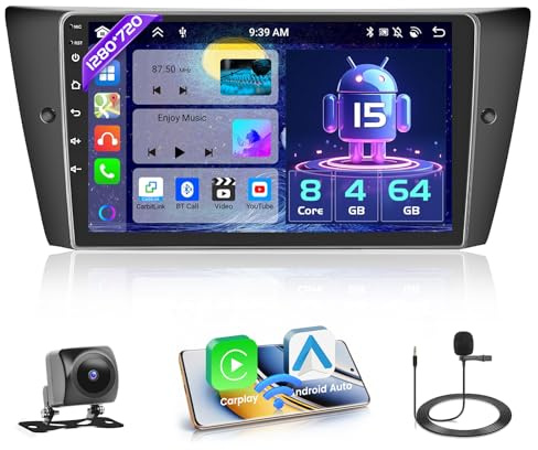 Hikity 8 Core 4+64GB Android 15 Autoradio per BMW 3 E90 E91 E92 E93 Radio CarPlay Android Auto Senza Fili Bluetooth 9 Radio Auto Schermo con Navi Telecamera Posteriore