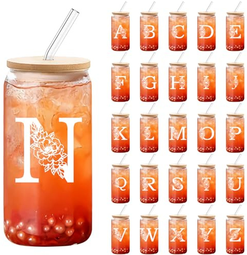 DETENE 550ML Buchstabe Glasbecher Gläser mit Deckel und Strohhalm Eiskaffee Gläser Monogrammierte Initialen Geschenke für Frauen und Männer zum Geburtstag Weihnachten Geburtstagsgeschenke (N)