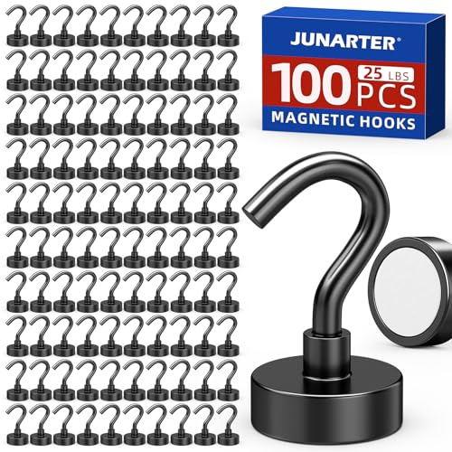 Junarter 100 Pack Magnetic Hooks, 25lbs Magnet Hooks for Cruise Cabins, Black Strong Magnetic Hooks Heavy Duty, Magnets with Hooks, Metal Magnetic Hook for Hanging, Hook Magnets for Home Decor
