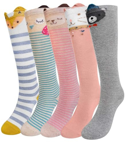 ZFSOCK Calzini Ginocchio Bambina Ragazze: Calze Lunghi Senza Cuciture in Cotone - Calzettoni al Ginocchio Cartoon Caldo Righe Colorate per 2-12 Anni Bimba Compleanno Taglia 23-38