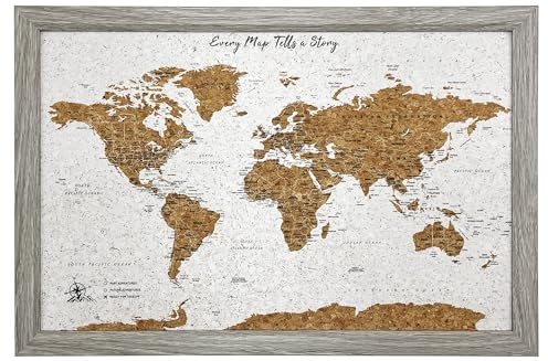 Weltkarte Pinnwand Reisekarte grauer Rahmen | gerahmte Pinnwand | Kork-Holzdesign | 70 Pinnnadeln im Lieferumfang enthalten | Personalisierte Heimwanderlust-Dekoration für Reisende