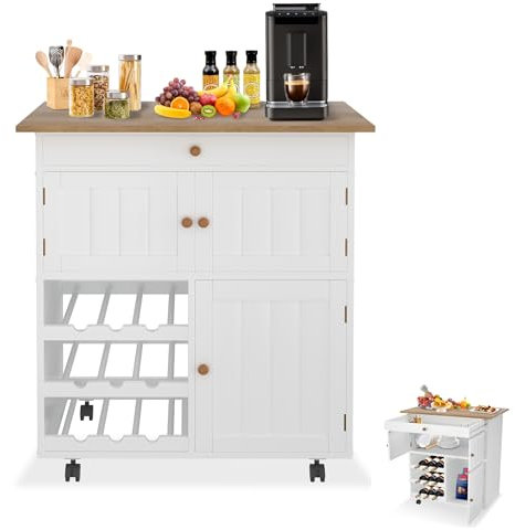 Suusolny Weiß Kücheninsel Küchenwagen auf Rollen 85x70x40cm Kücheninsel Servierwagen mit Arbeitsplatte, Weinregale, Schrankfächer und Schublade Küchentrolley für Küche Esszimmer (Modell A)