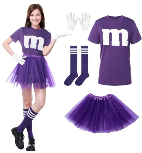 Alaiyaky T-shirt avec impression pour femmes, jupe en tulle pour costume de carnaval de groupe avec t-shirt Tutu et chaussettes rayées, costume avec impression pour carnaval (Violet, L)