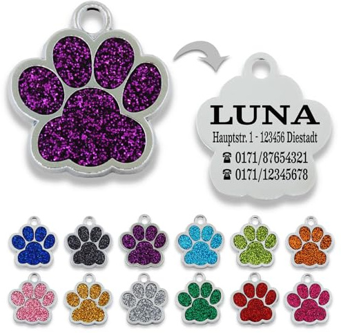 Ibera gifts - Hundemarke mit Gravur und personalisierte Hundemarke in Pfotenform, perfekt für kleine bis mittelgroße Haustiere (Lila)