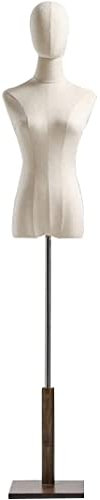 Schneiderpuppe weiblicher Torso, antike Farbe, weibliche Schneiderpuppe, Torso, Körper, halbe Länge, Modell, höhenverstellbar, europäischer Holzsockel, quadratischer Stativfuß, Leinenkleid mit Kopf,